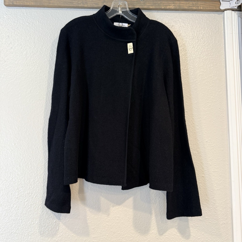 Calvin Klein Wool Blend Jacket Womens Large Black Open Front Mock Neck NWT